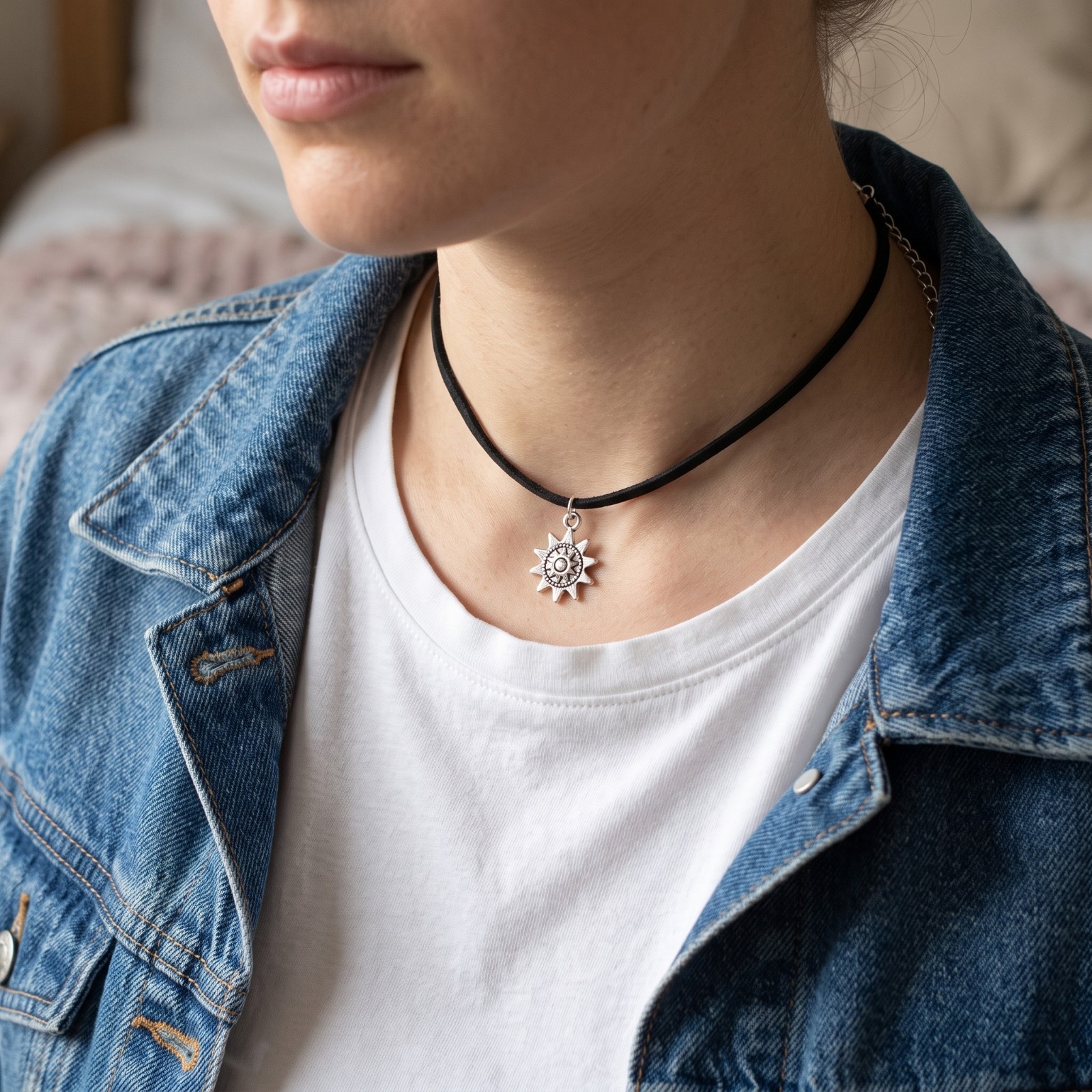 Silver Tone Sun Pendant Black Cord Choker Necklace Adjustable Boho Neclace