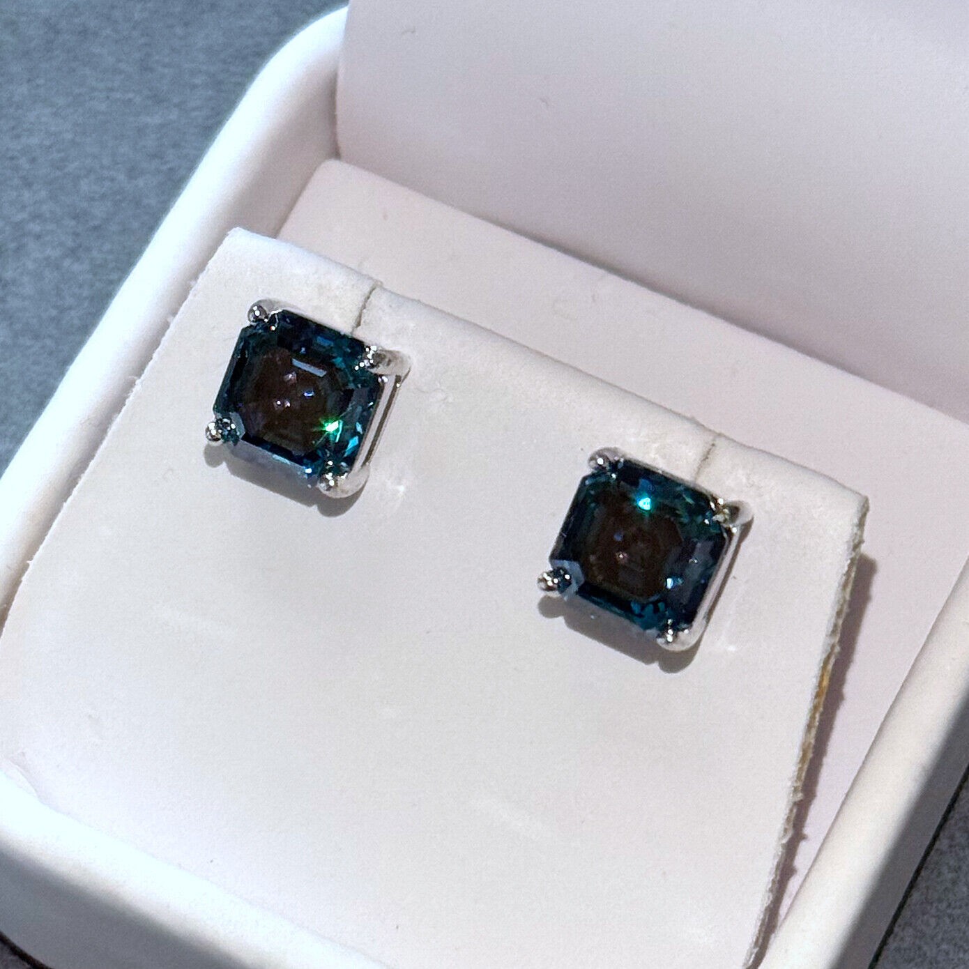 Dark Blue Asscher Cut Moissanite Stud Earrings Certified VVS1 – 925 Silver