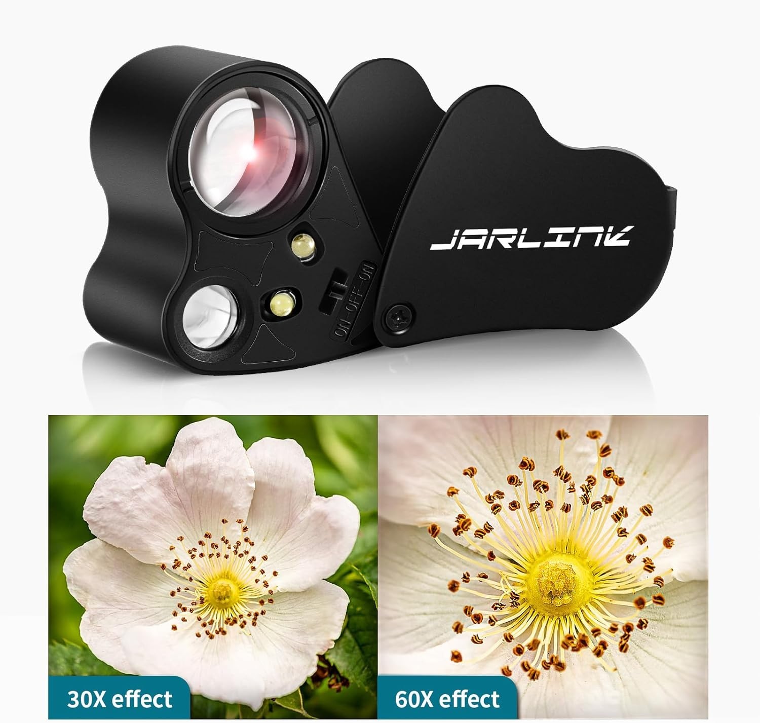 JARLINK 30X 60X Illuminated Jewelers Loupe Magnifier, Foldable 1-pack, Black