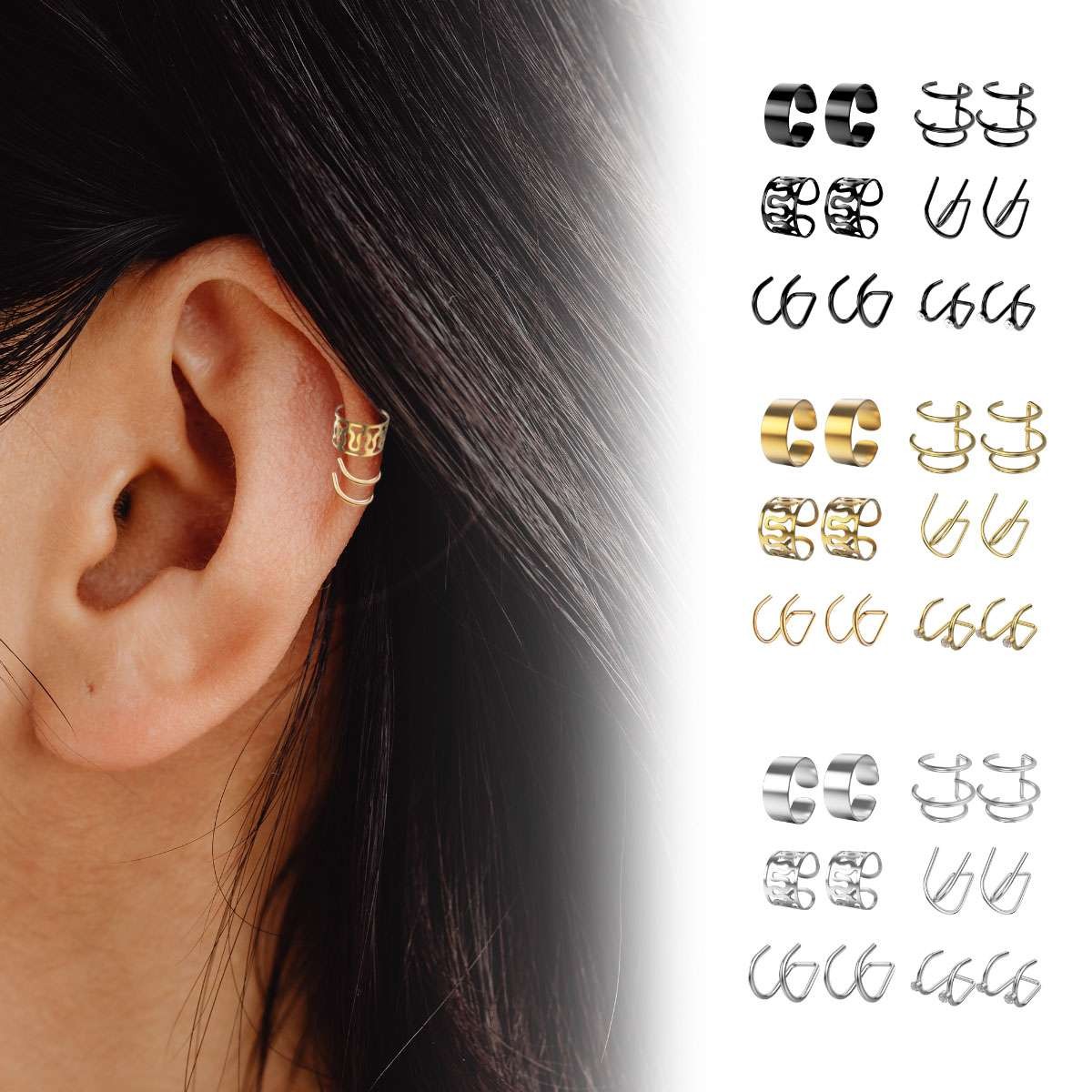 12PCS Stainless Steel Ear Cuff Clips on Wrap Women Men Earrings Set Non Piercing