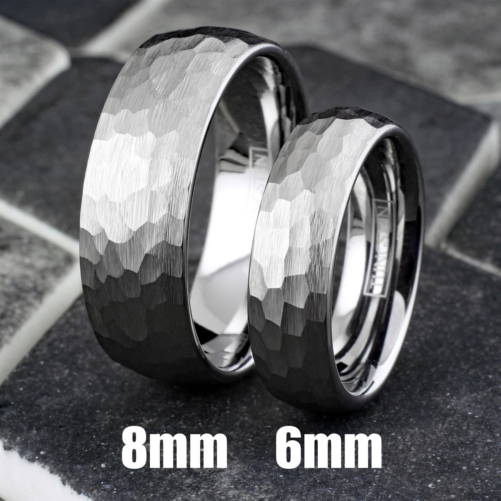 Silver Tungsten Carbide Hammered Brushed Finish Men’s Wedding Band Ring