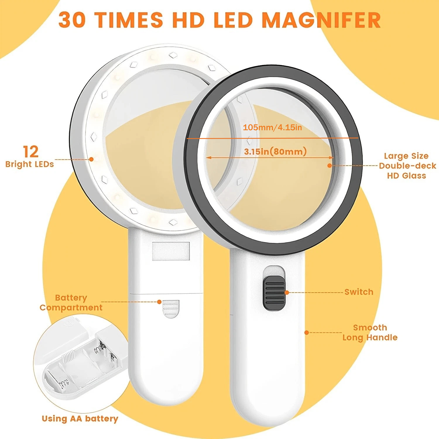 30X Jumbo Handheld Magnifying Glass w/ 12 Bright LED Light Illuminated Magnifier