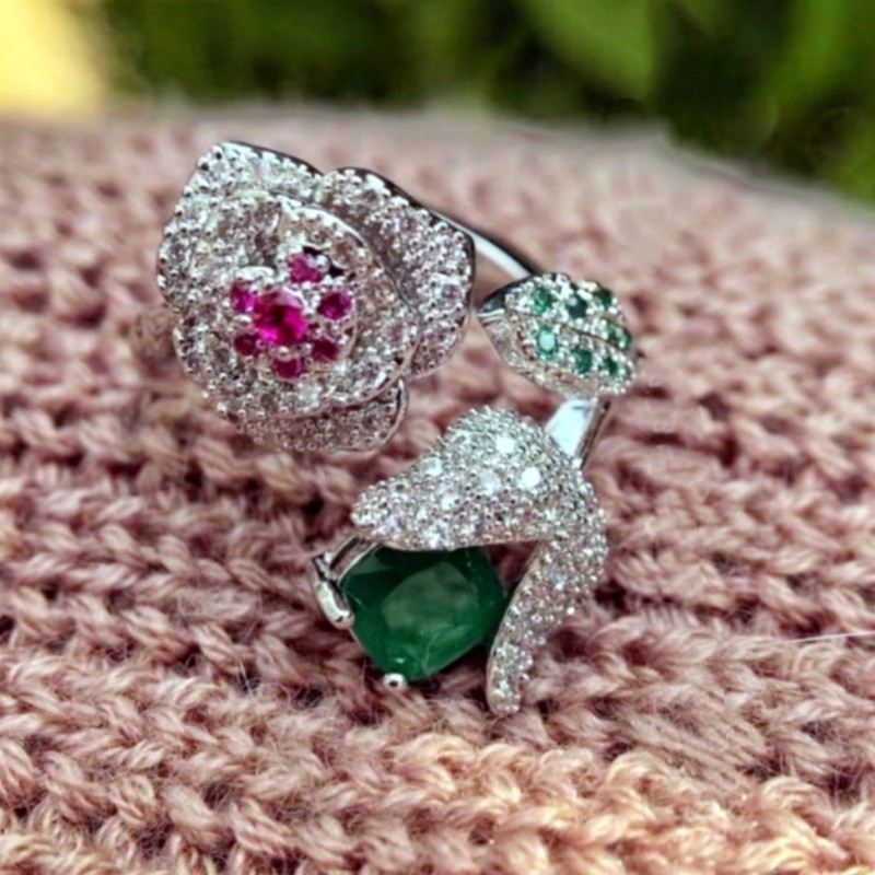 Pretty Multicolor CZ Pave Double Form Rose Elegant Women Silver Plated Open Ring