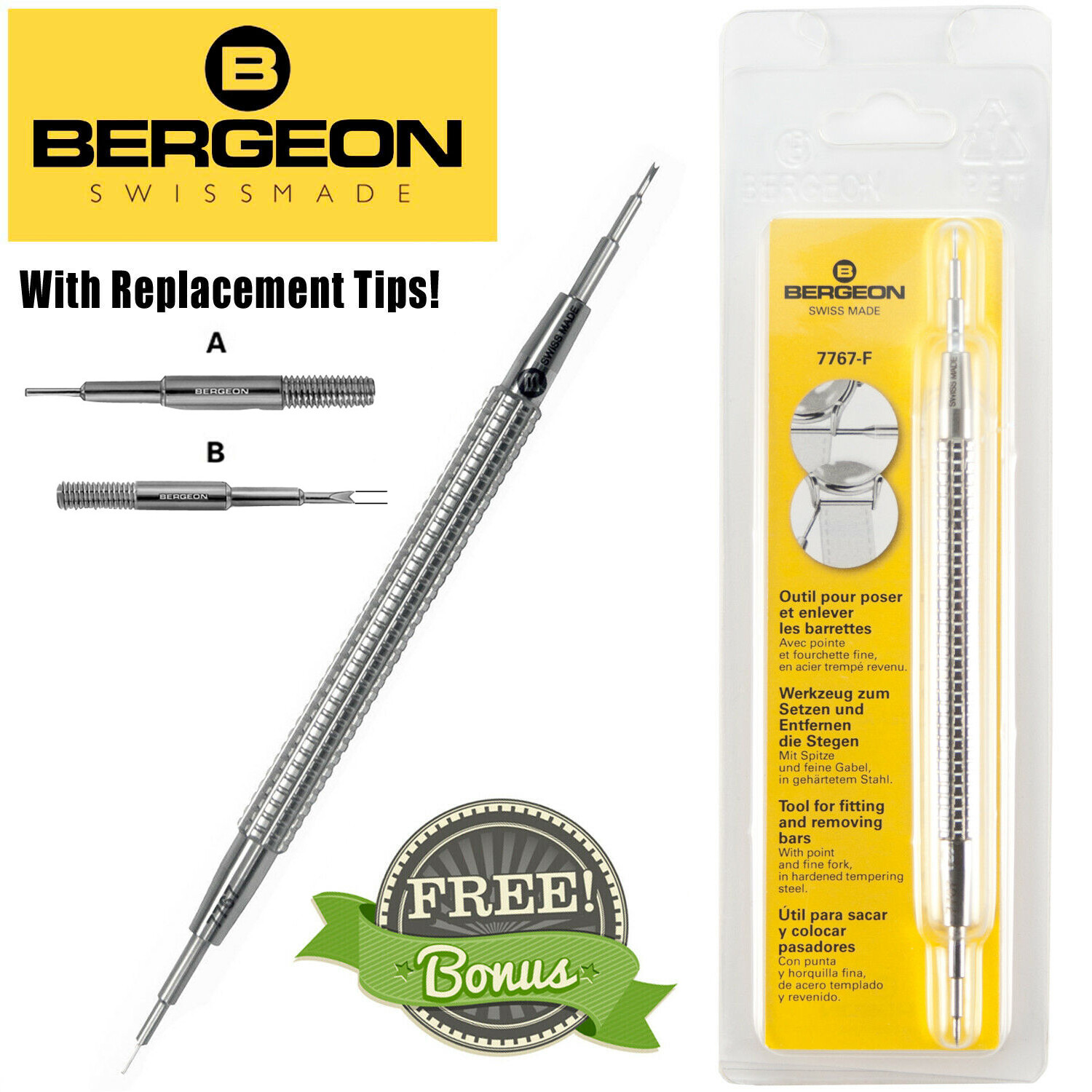 Bergeon 7767-F Spring Bar Tool for Watch Bands Swiss Made (6767-F) with Extras!