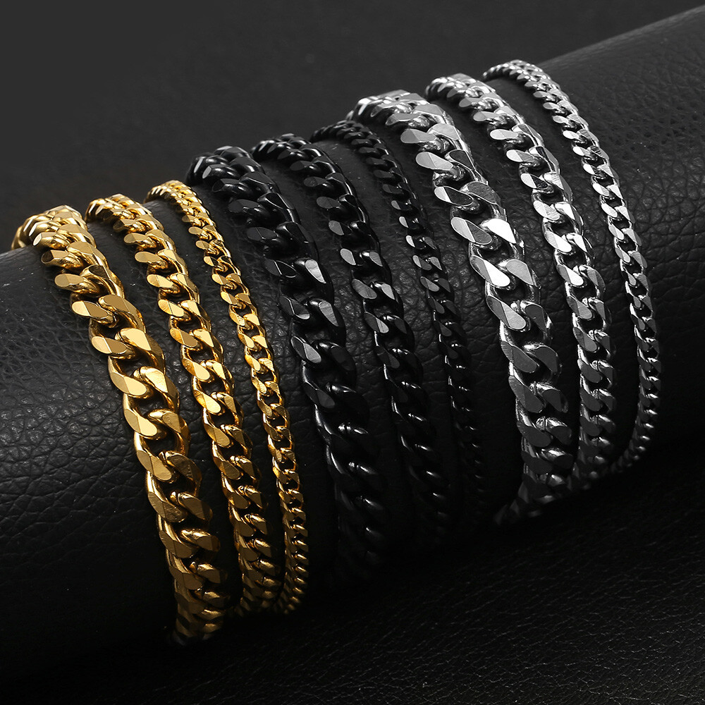 3/5/7/MM Stainless Steel Silver/Black/Gold Plated Cuban Chain Bracelet Men 7-11″