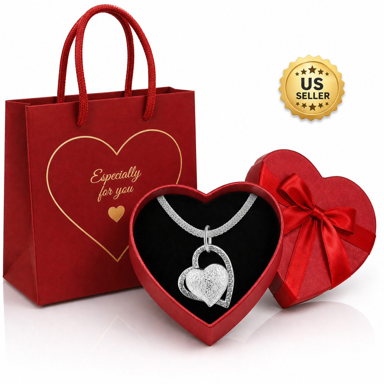 Women Love Double Heart Pendant Necklace 18″ Chain Gift Box & bag fashion