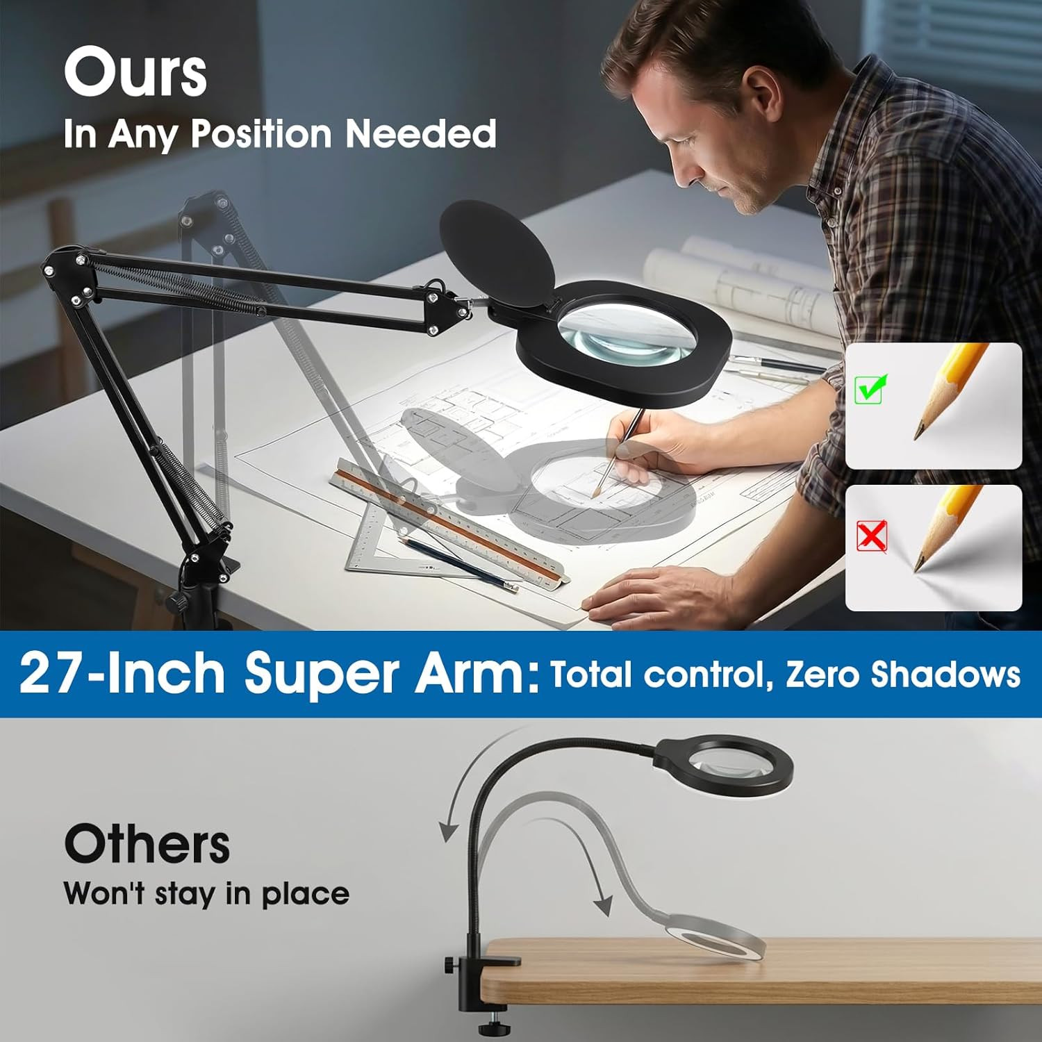 10X Magnifying Glass with Light and Stand：27 Inch Extra Long Arm Magnifying Lamp