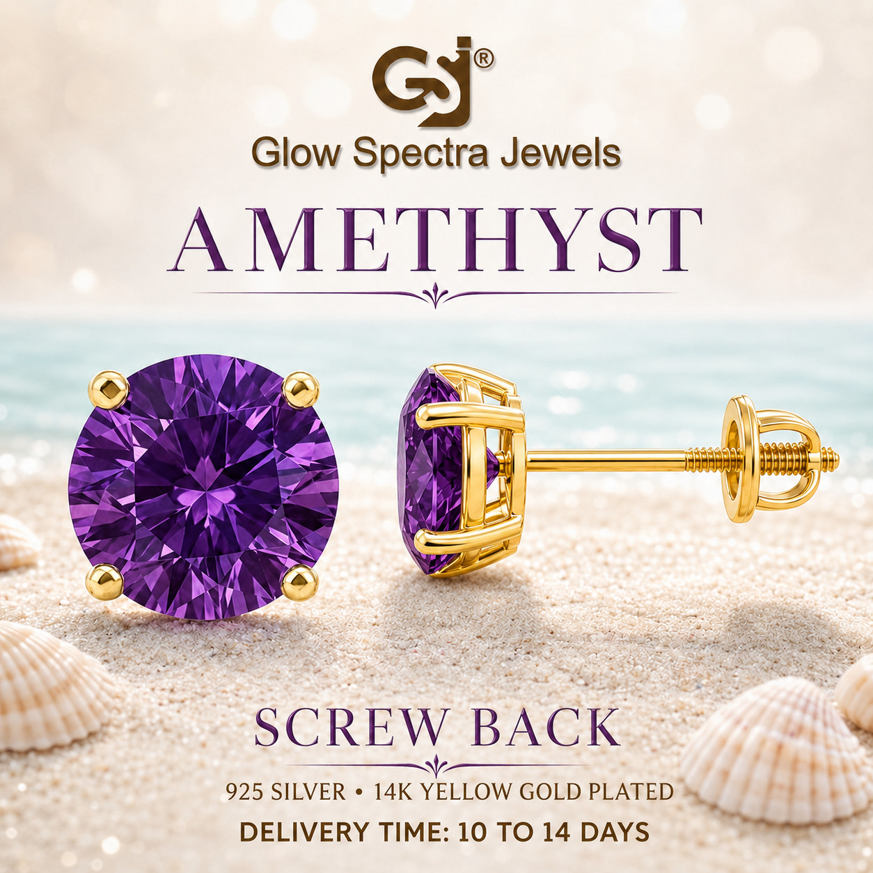 2.00CT Solitaire Purple Amethyst Stud Erring Screw Back 14k Yellow Gold Plated