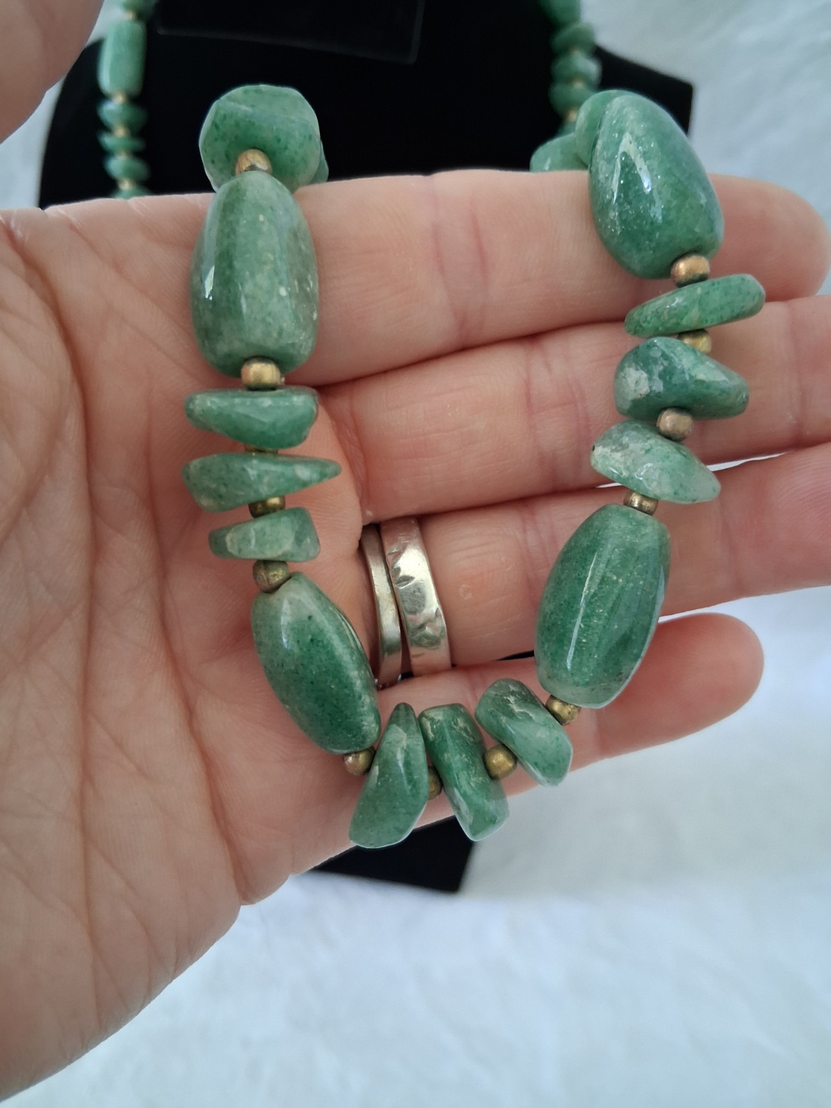 Green Aventurine Gemstone Beaded Necklace Gold Tone Ball/Bead Chain 14 Inch Long