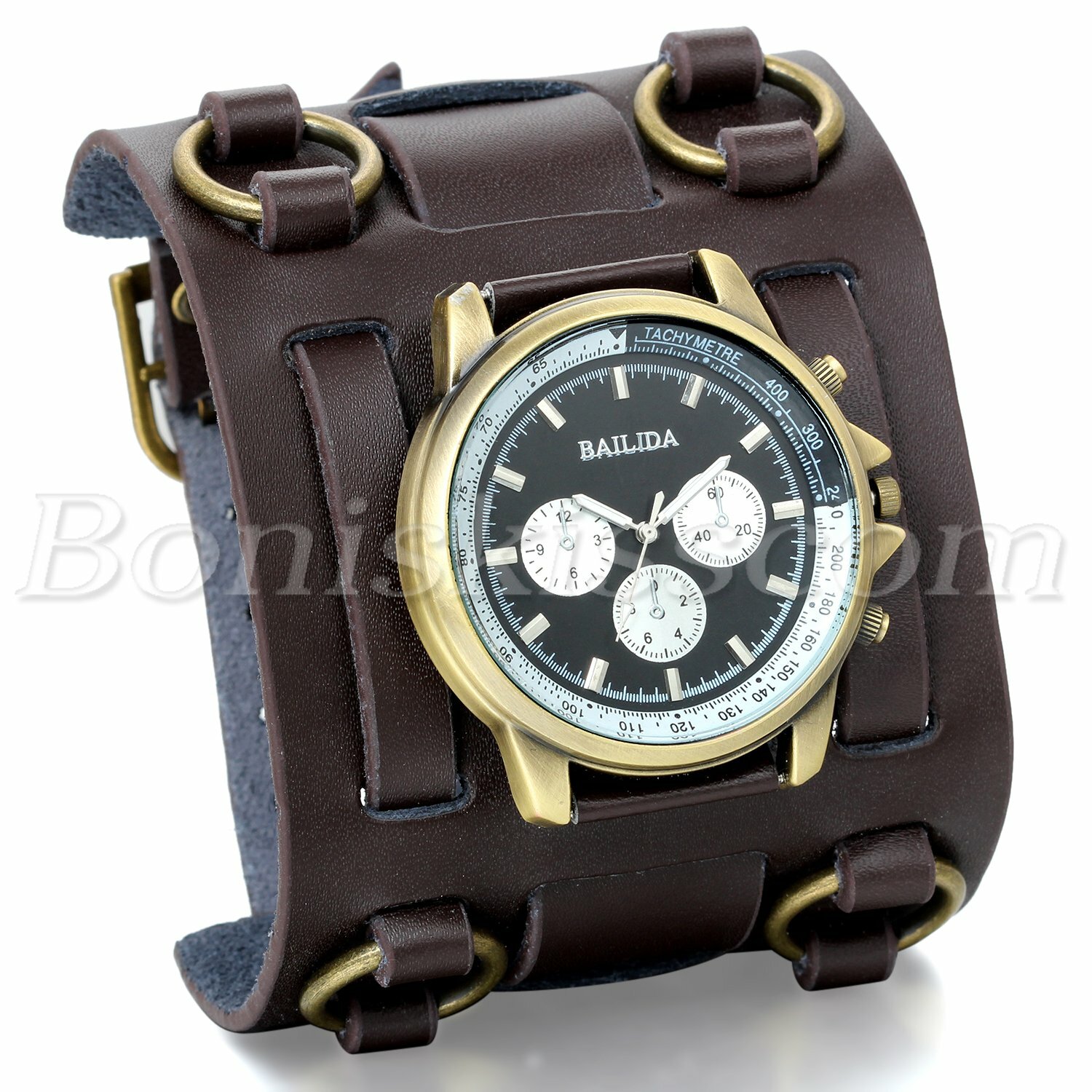 Mens Wide Brown Leather Strap Buckle Sport Analog Quartz Wrist Watch Bangle Cuff