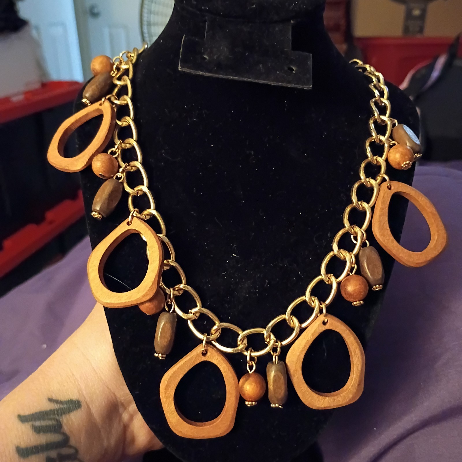 Gold Tone Cable Chain Statement Necklace, Boho Wooden Teardrop Charm Pendant