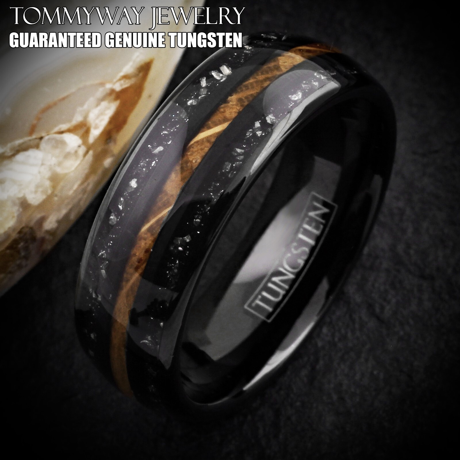 Black Tungsten Carbide Men’s Ring Whiskey Barrel Wood & Meteorite Wedding Band