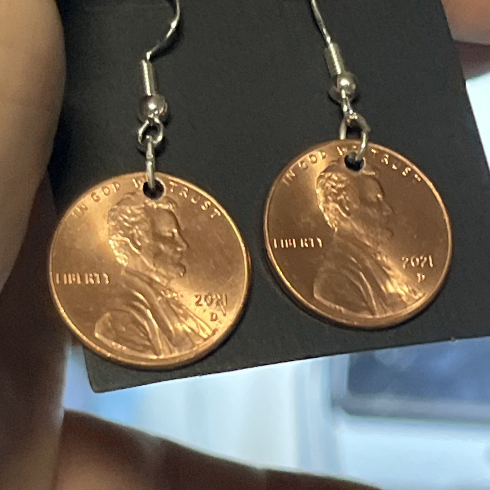 2-2021 Lincoln Penny Coin Nickel-Free Dangle/Drop Hook Earrings, Copper&Silver