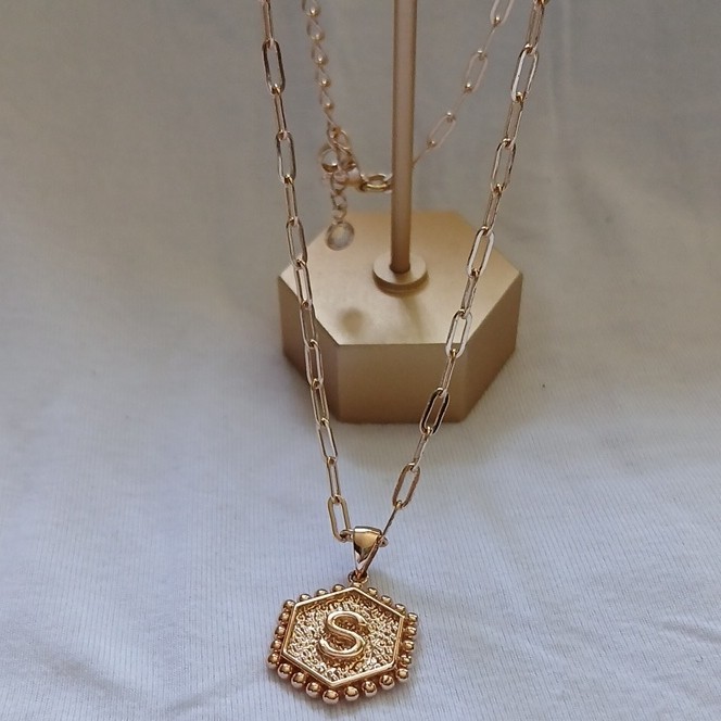Initial Letter S 14 K Gold Plater Hexagonal Pendant