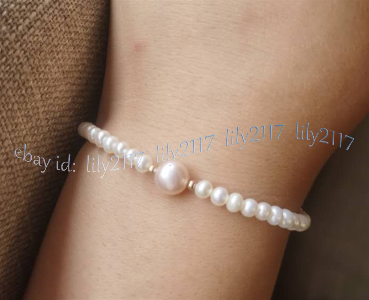 Mini 4-5mm Genuine Natural White Round Pearl Bracelet 7.5” 14k Gold Clasp