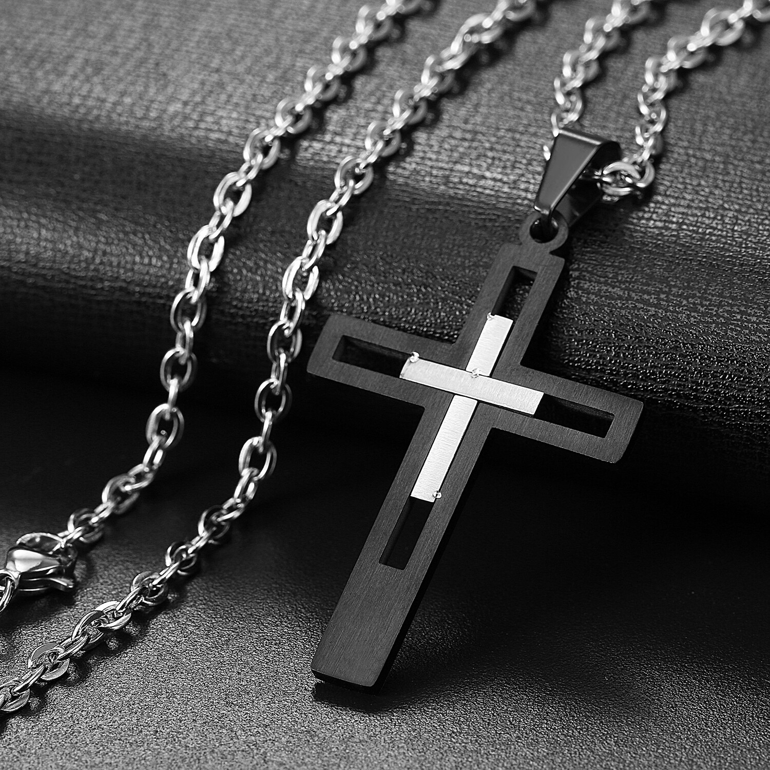 Men’s Black Silver Double Hollow Cross Stainless Steel Pendant Necklace Gift