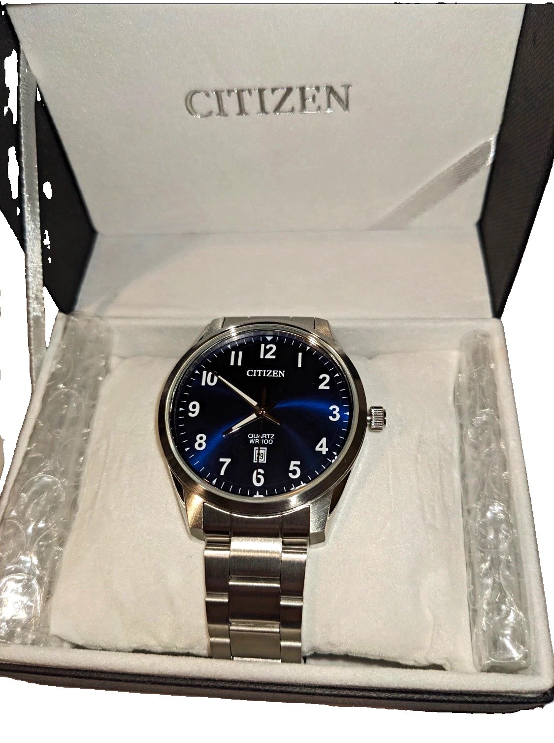 Citizen Quartz WR100 100m Quartz Blue Dial Date Steel Bracelet Men’s Watch Box