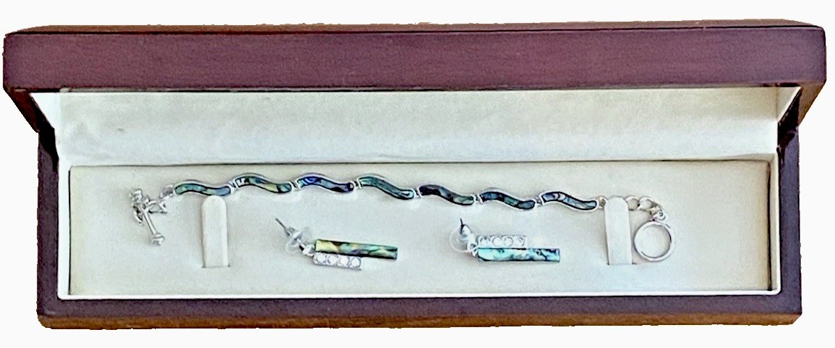 Abalone Shell In Silver Alloy Link Bracelet & Matching Earrings