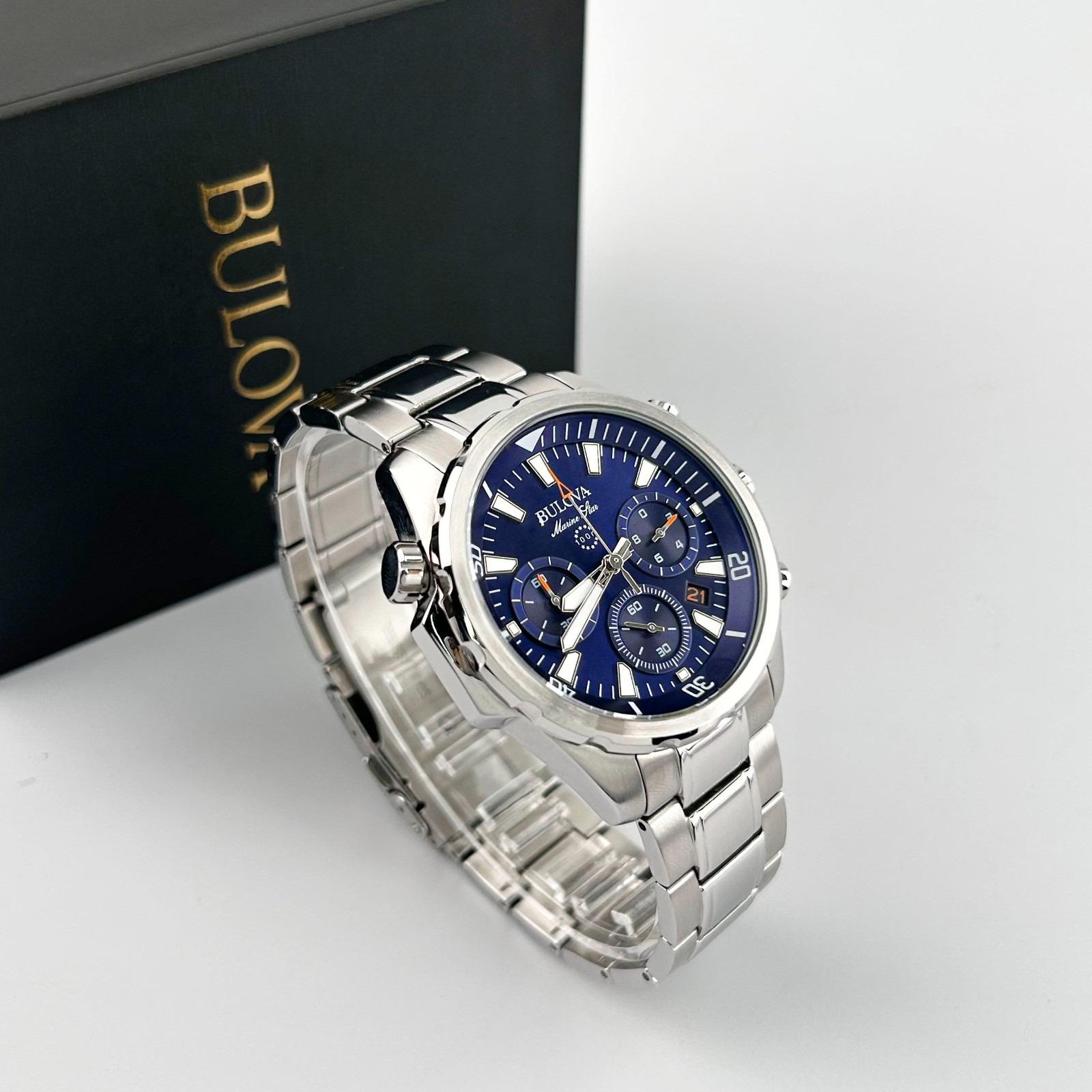Bulova Men’s Marine Star 96B256 Blue Dial 6-Hand Chronograph Quartz Watch 43mm