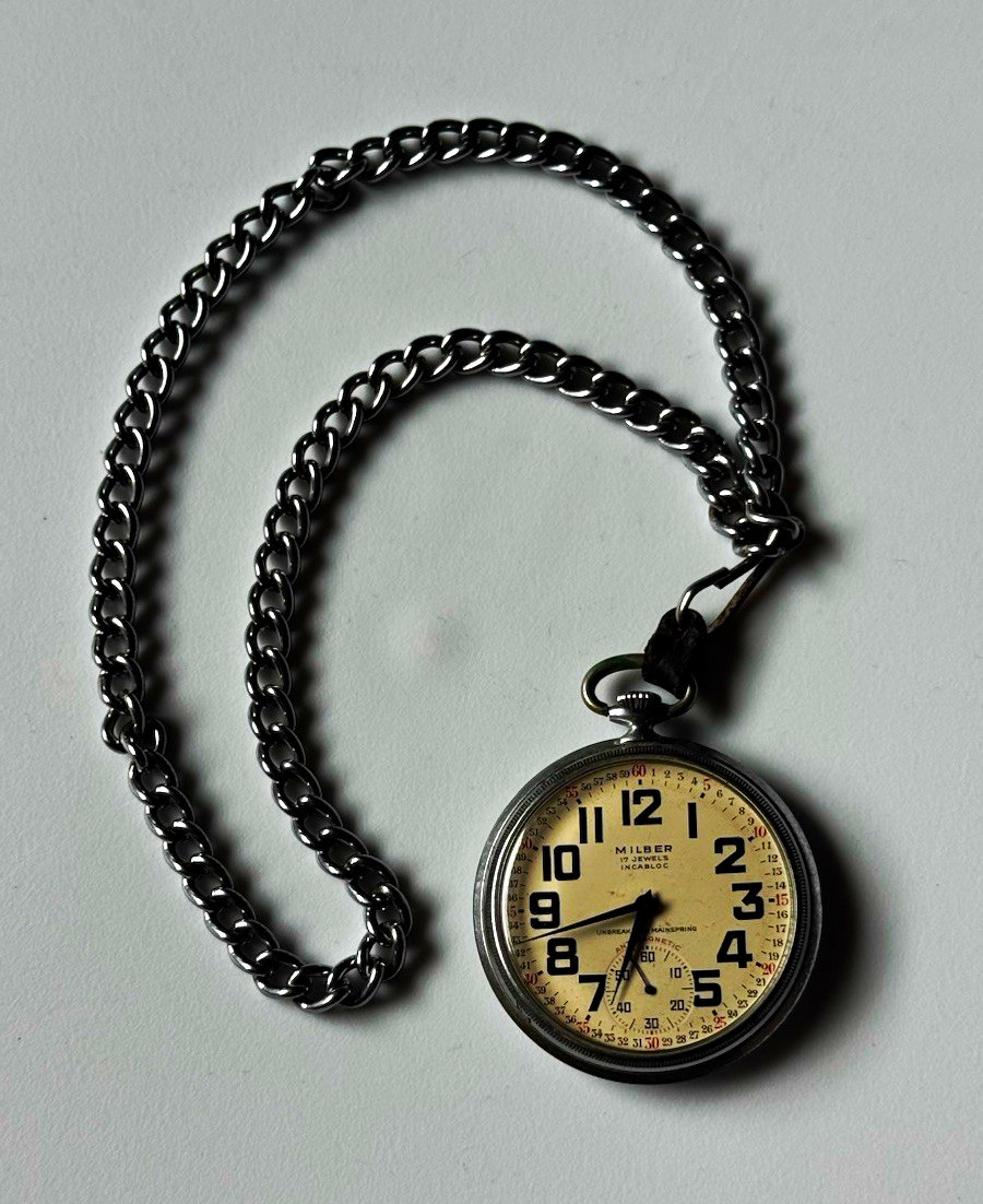 Vintage Milber 17 Jewels Pocket Watch Train Locomotive Back Chain Parts Repair