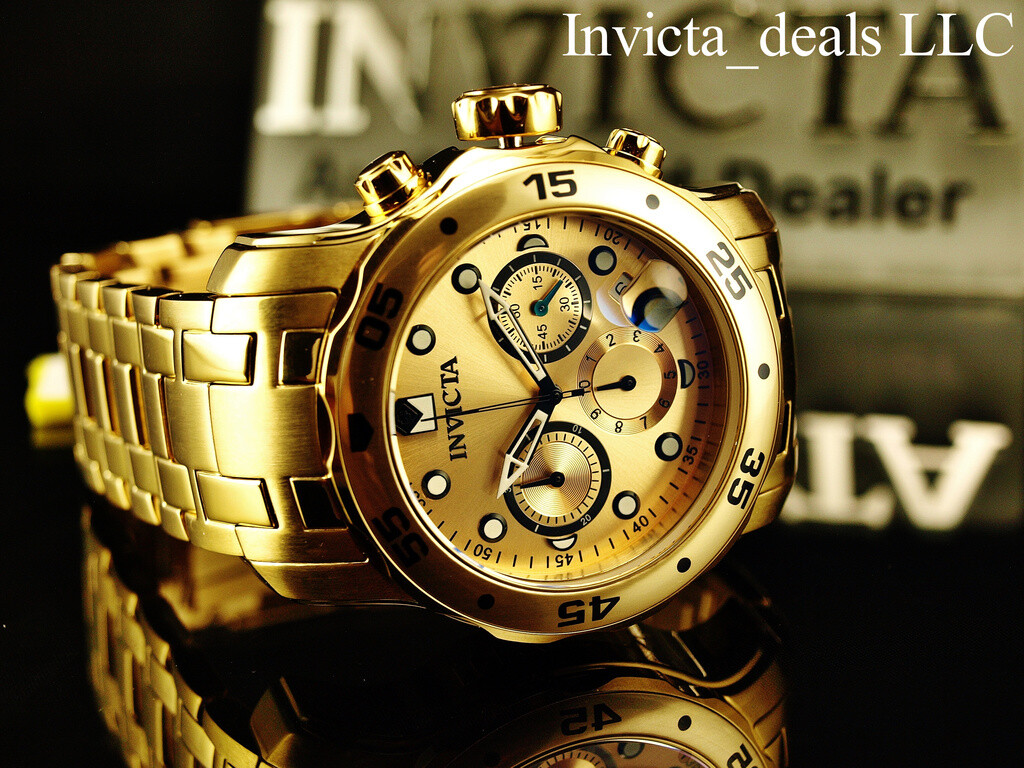 Invicta Men’s 48mm PRO DIVER Scuba Chronograph Gold Dial 18K Gold Plated Watch