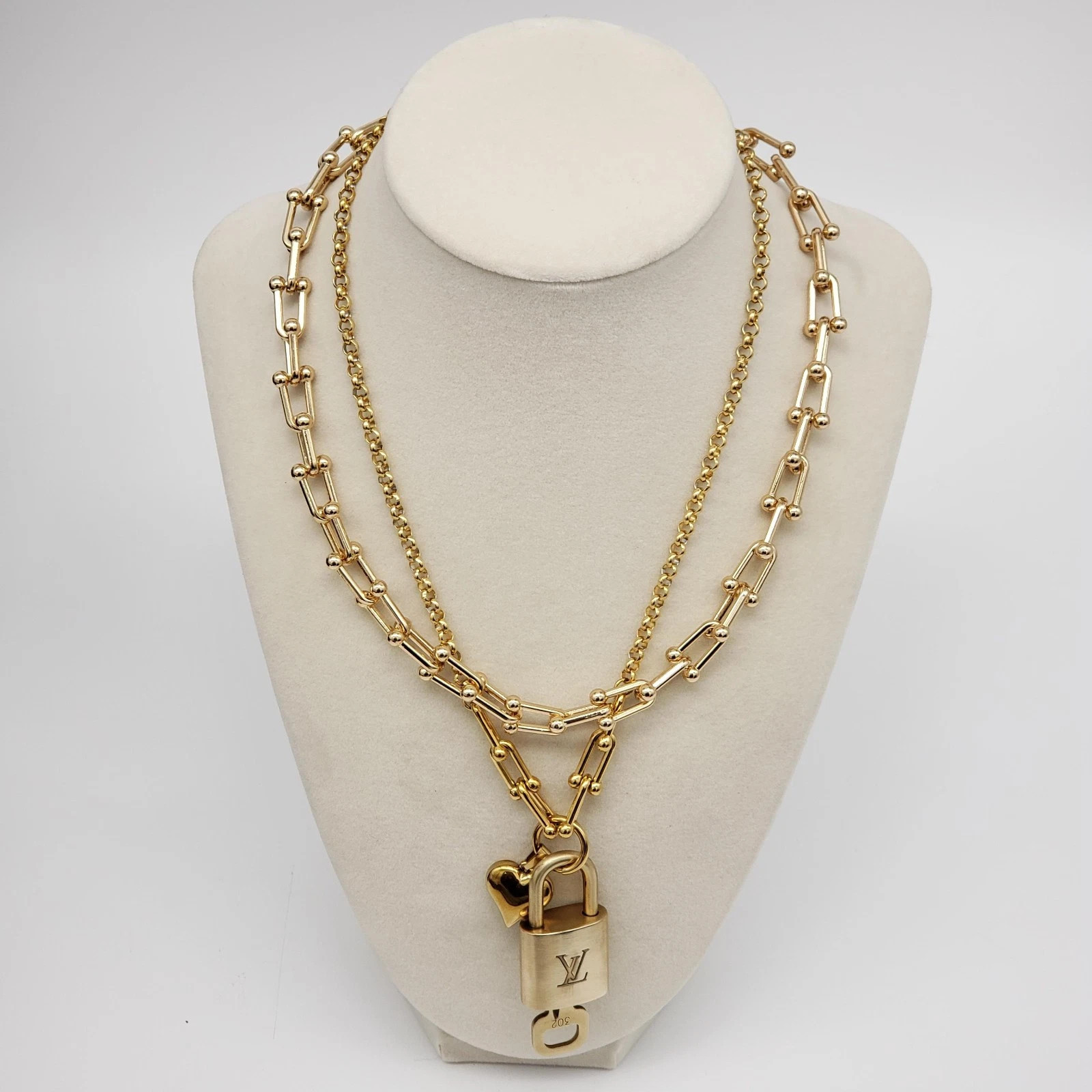 2 Stainless Gold Plated Necklace With Authentic Louis Vuitton Gold Lock Pendant