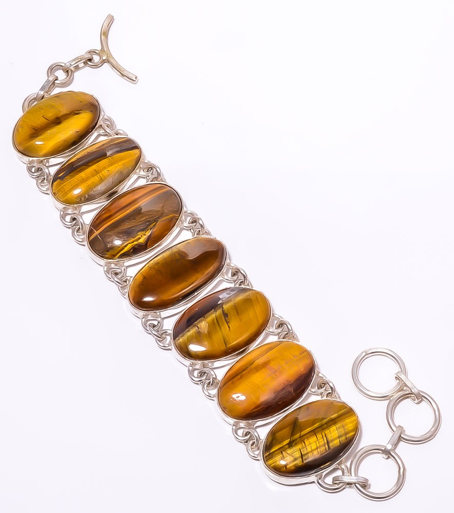 Natural Yellow Tiger Eye – South Africa 925 Silver Plated Bracelet 7.99″ T91