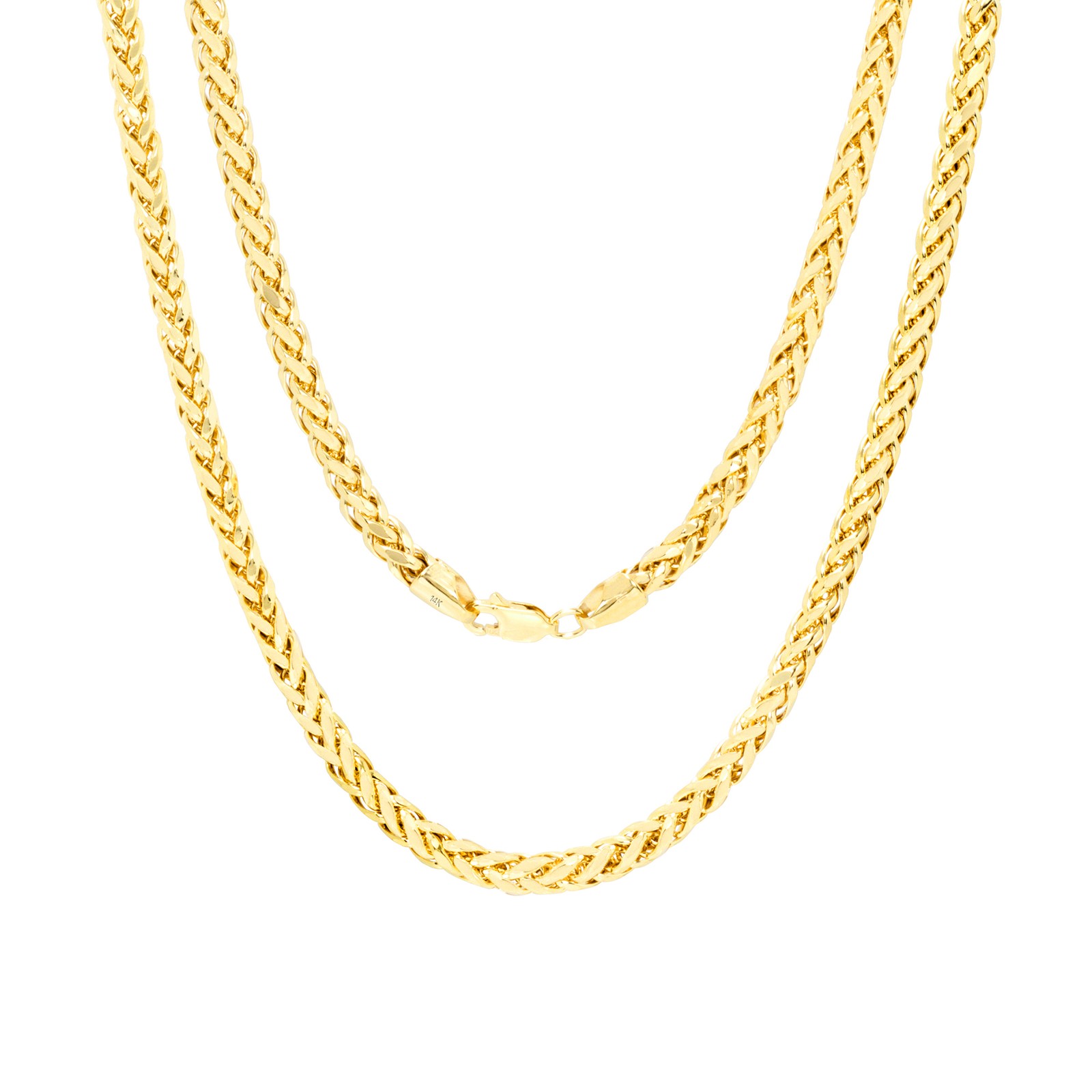 14K Yellow Gold 4mm Palm Wheat Foxtail Franco Round Spiga Chain Necklace 18″