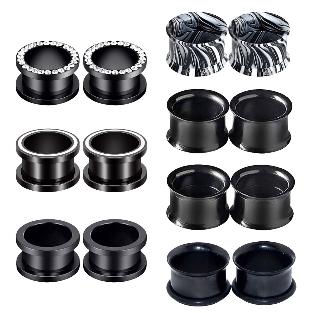 Pair Black Stainless Steel Ear Tunnels Ear Gauges Ear Expander Plugs 8g-3/4″