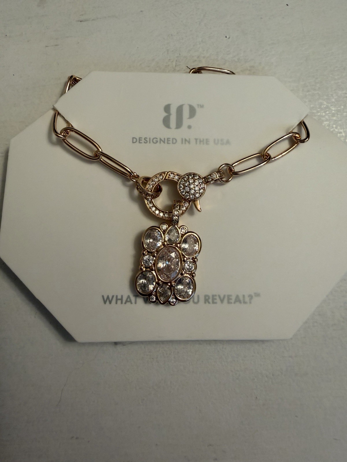BP Rose Gold Plated CZ Oval Pendant Necklace 18in Adjustable Removable NK74859