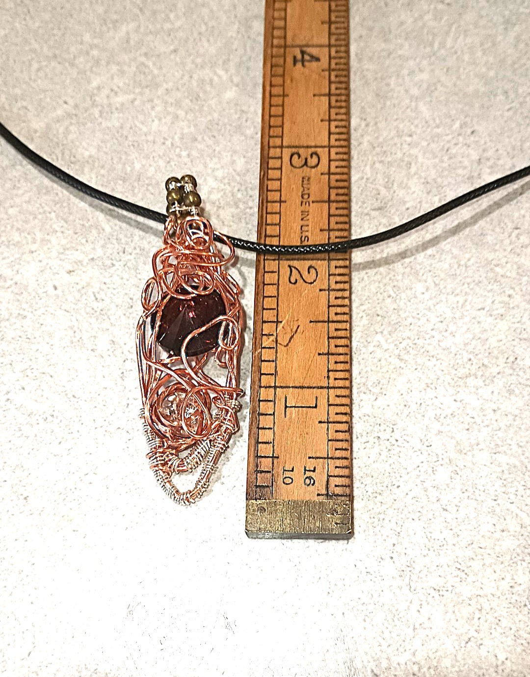 Burgandy Handmade Wire Wrapped Necklace Faceted Glass Crystal, Copper Pendant
