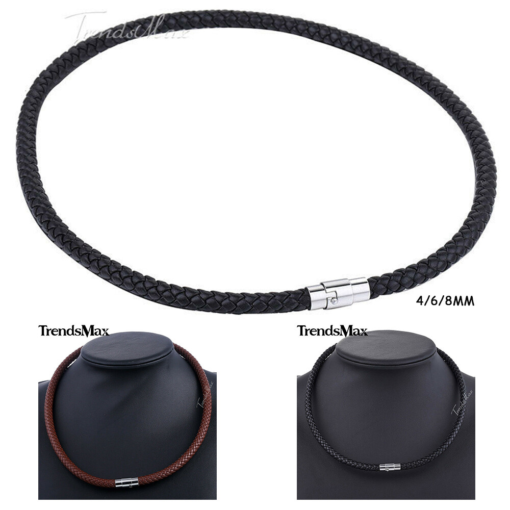 4/6/8mm 16″-36″ Black Braided Leather Cord Necklace Choker Steel Magnetic Clasp