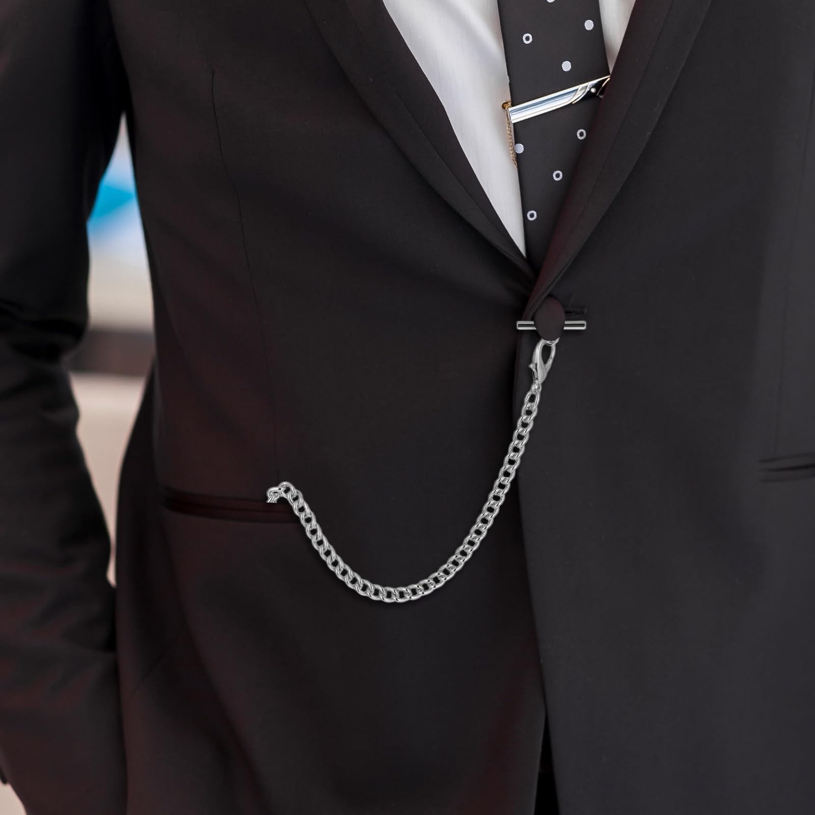 Silver Pocket Watch Chain with T-Bar, 14 Inch Pocket Watch Chains for Men, Silve