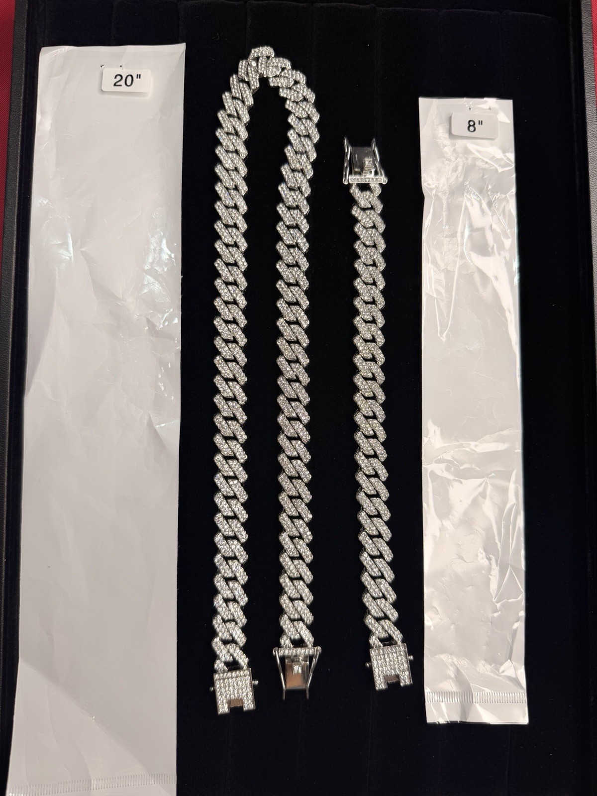 J28-Silver Cuban Link Necklace & Bracelet Set w/ Clear CZ – 20in Necklace 8in