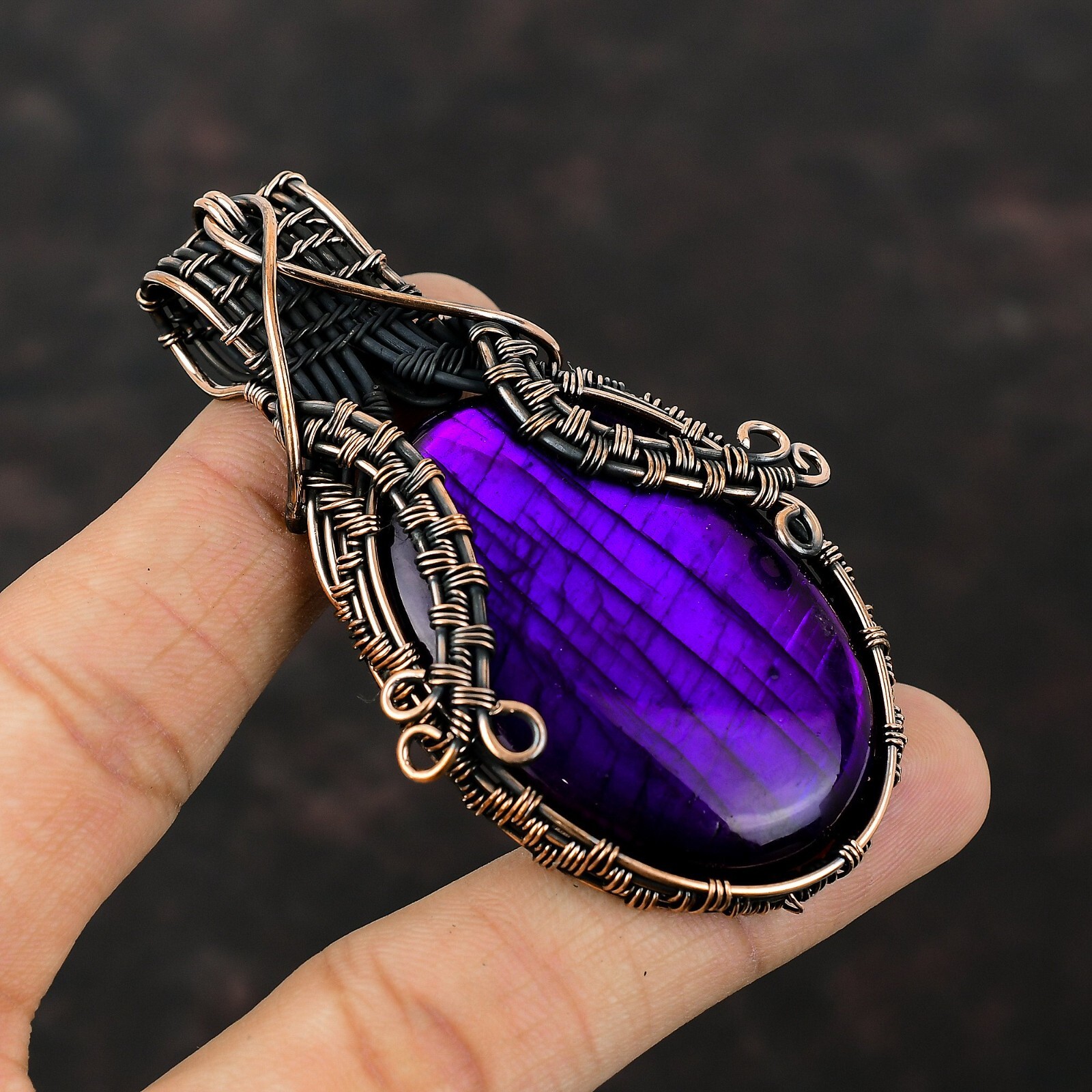 Purple Fire Labradorite Wire Wrapped Pendant Handcrafted Copper Dailywear 3.07″
