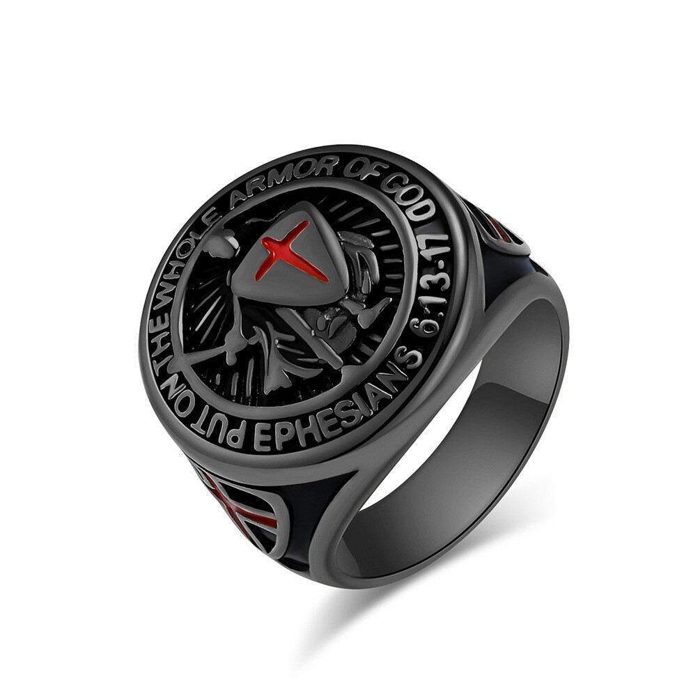 Knights Templar Armor of God Ephesians Red Mens Stainless Steel Ring Size 7-13