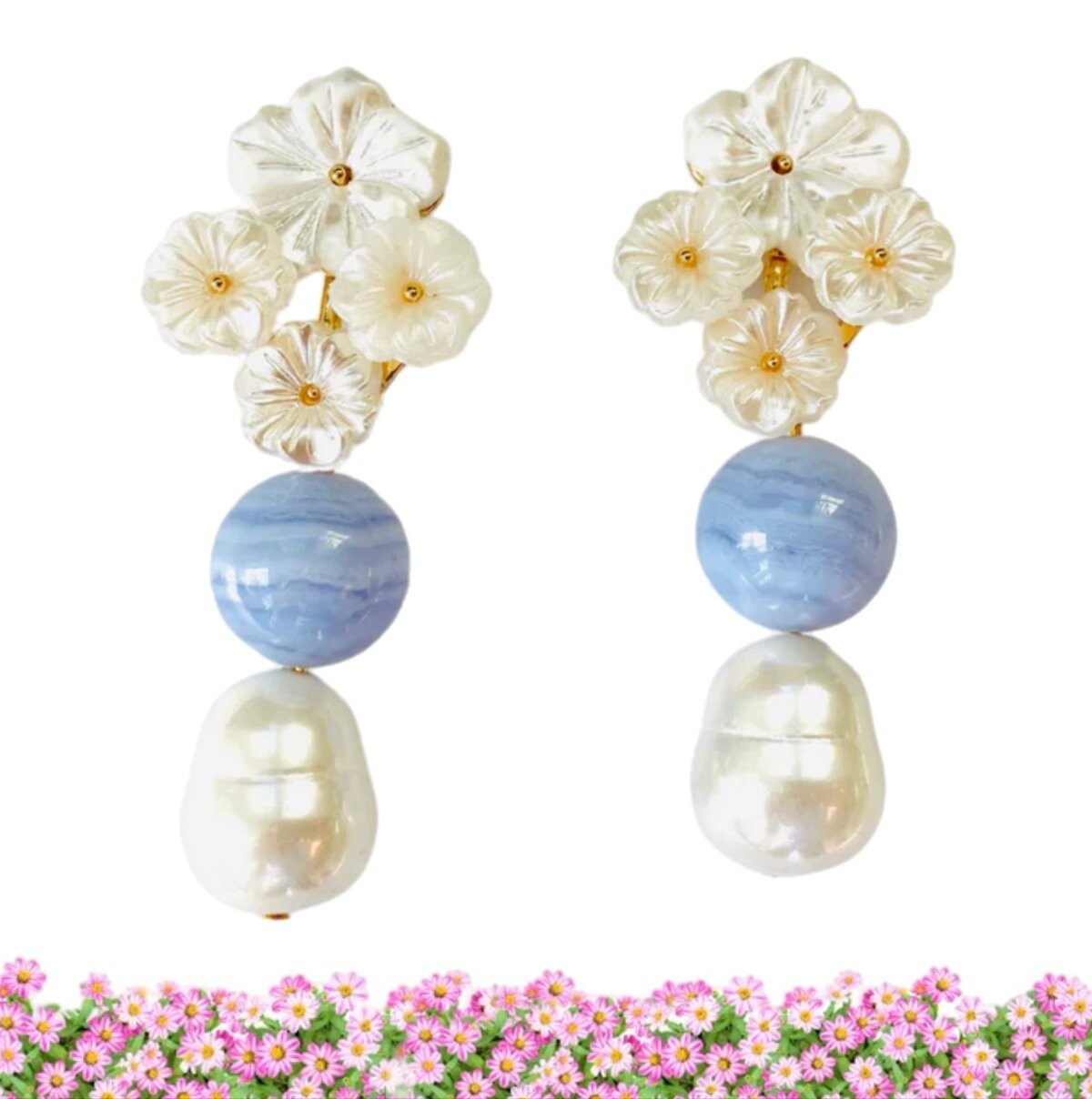 The Pink Reef Jewelry Floral Cluster Earrings Agate Pearl Wedding Bride Lily