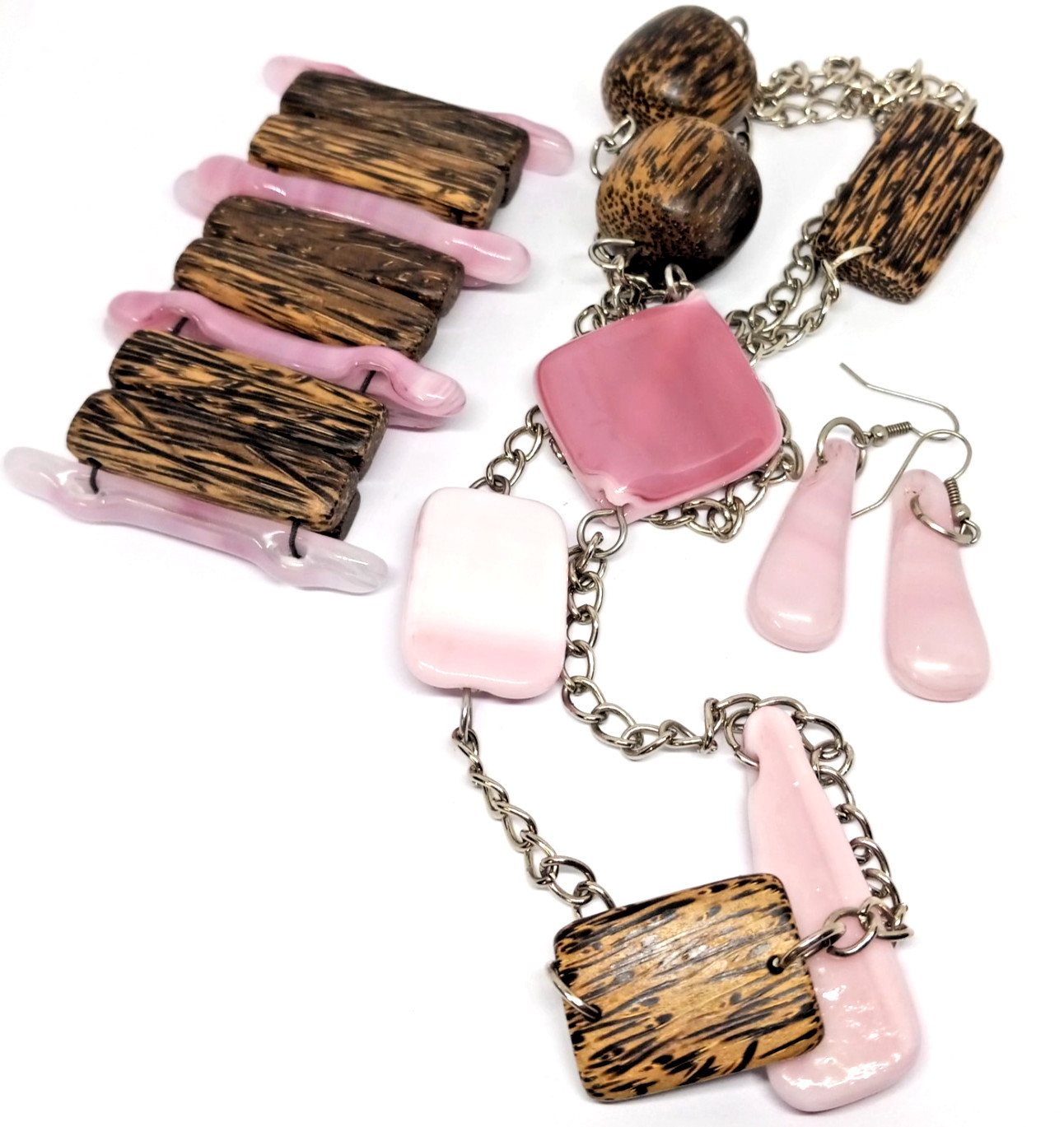 Pink Agate/Resin Wood Beaded MatchingSet-6.5 In Bracelet 19′ Necklace & Earrings