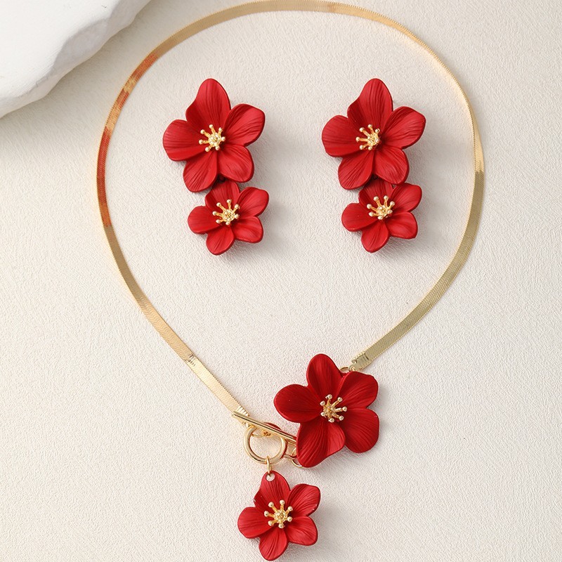 Women’s Fashion Elegant Red Flower Pendant Necklace Earring Set Alloy