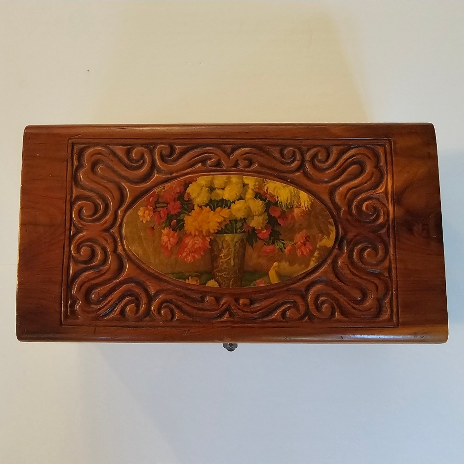 Wooden Jewelry Box with Floral Design Hand Carved Design Mirror Glass On Inside