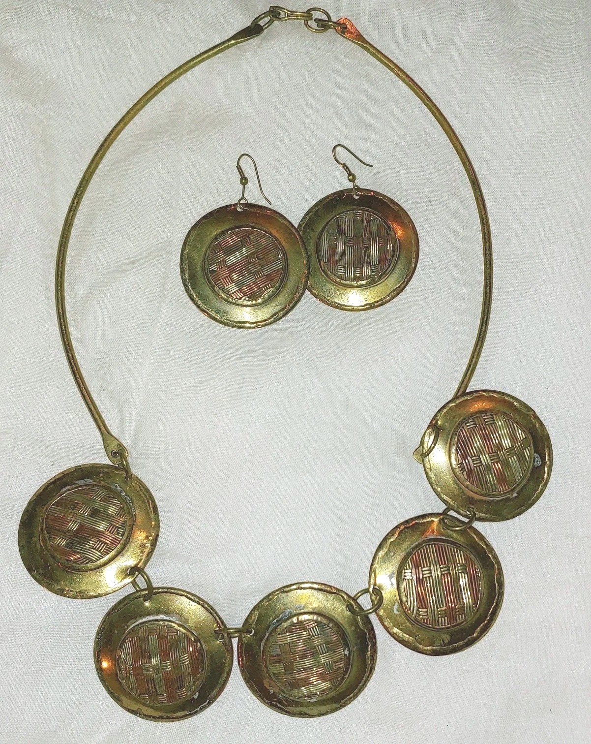 Hand Made South Africa Metal Necklace Earrings Set 3pc Solid Brass Copper 16 In.
