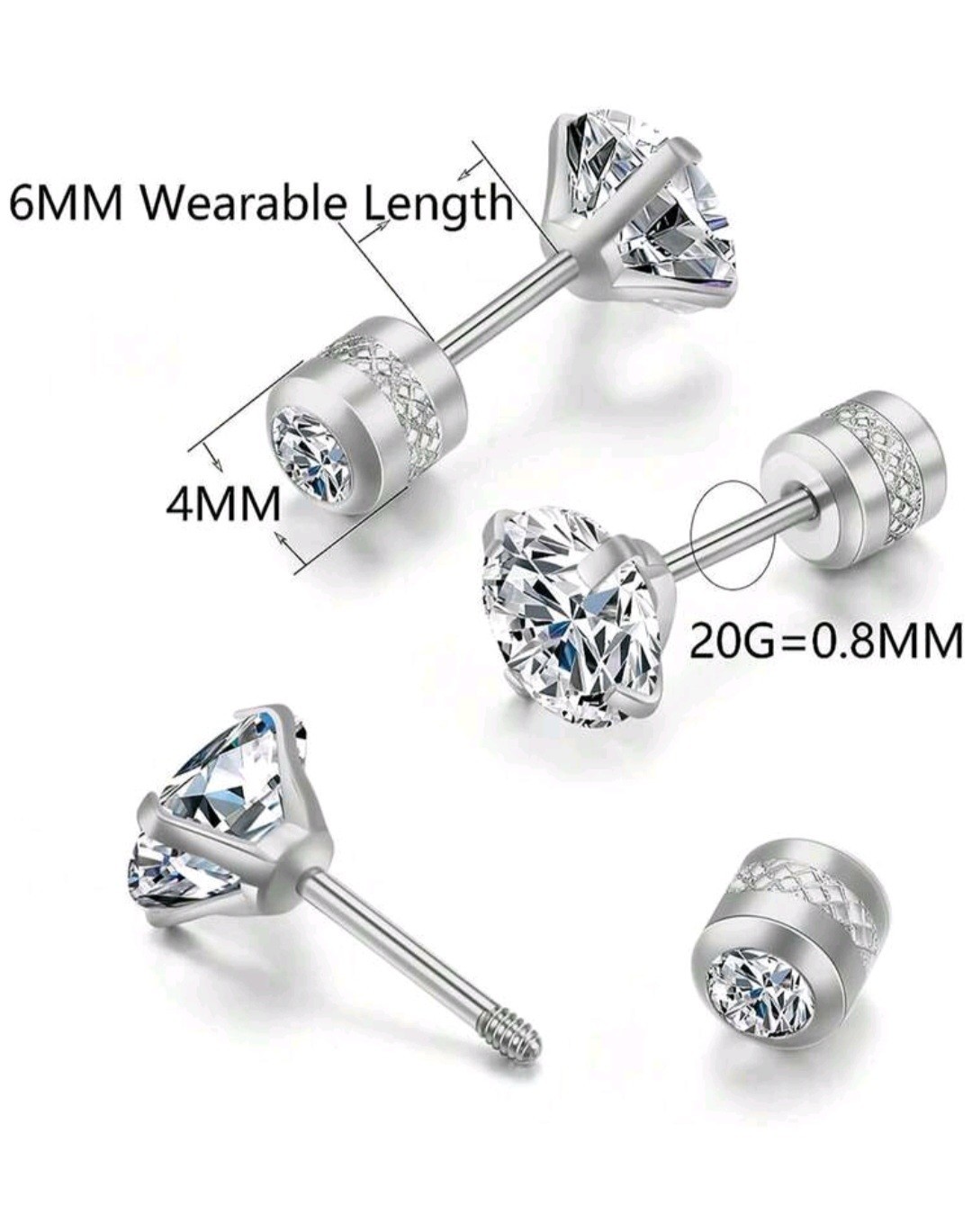 Screw Back Earrings, Stainless Steel Cubic Zirconia Double-Sided 8mm