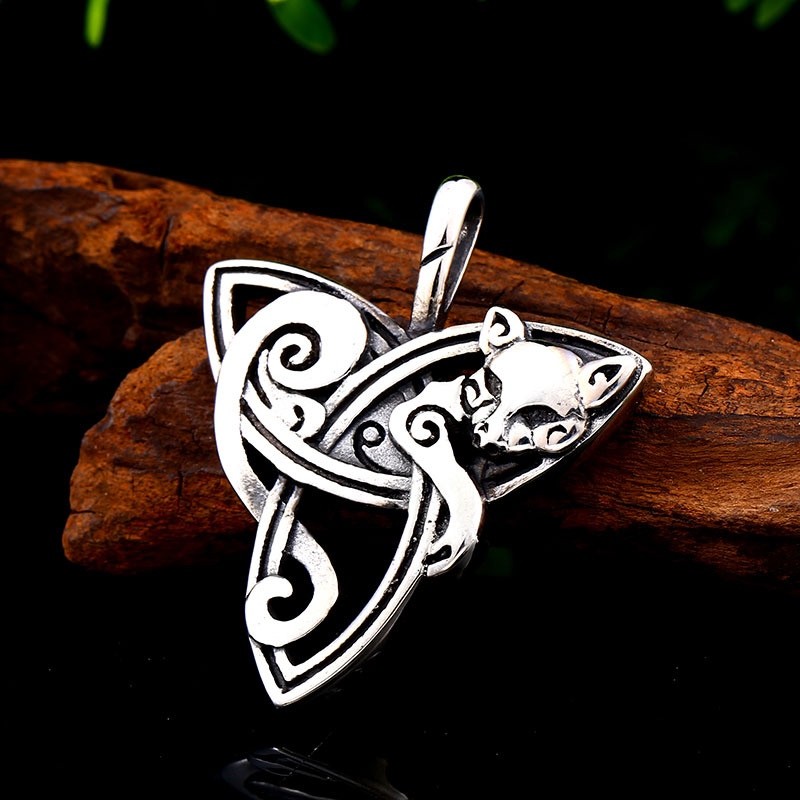 MENDEL Womens Celtic Triquetra Trinity Knot Kitty Cat Pendant Necklace Chain Set
