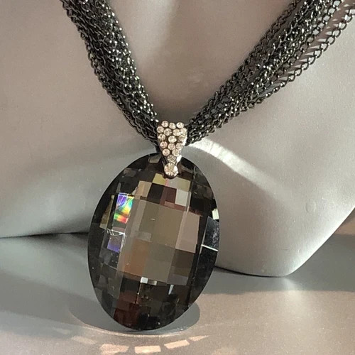 14K Black Rhodium Plated Big Oval Pendant Long Sweater Chain Necklace Gorgeous