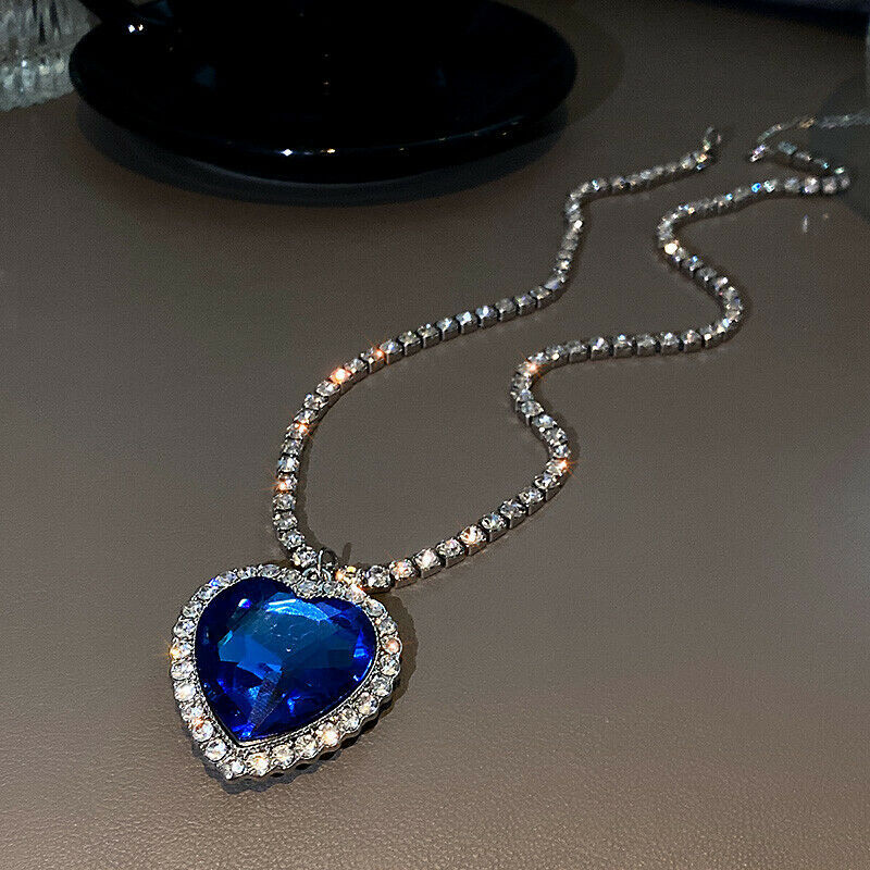 Huge Platinum White Gold Titanic Heart of the Ocean Blue Rhinestone Necklace