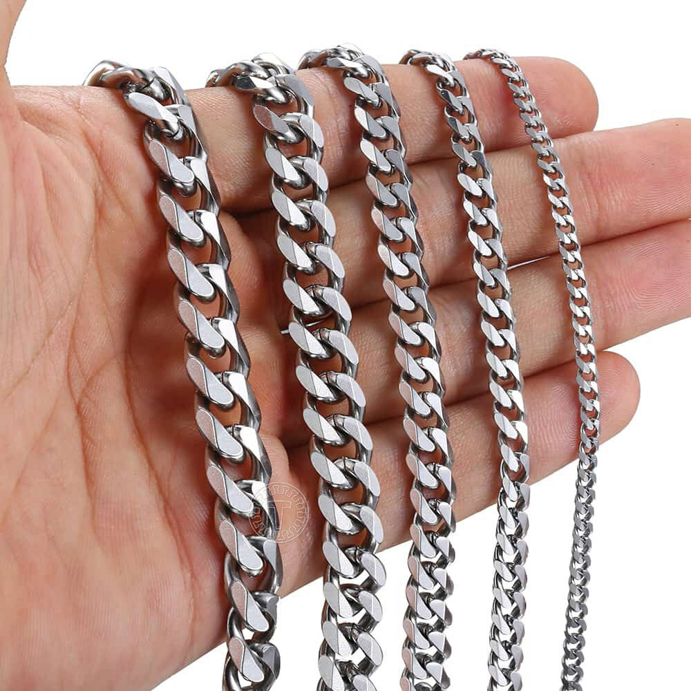 16″-30″ Stainless Steel Silver Chain Cuban Curb Men Women Necklace 3/5/7/9/11mm