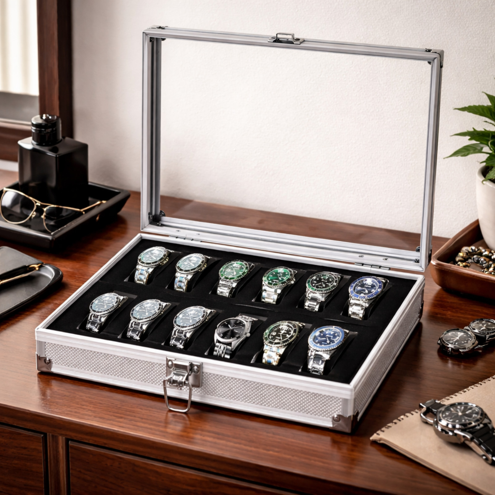 Lockable Aluminum Watch Display Case 12 Slot Watch Jewelry Storage Showing Box