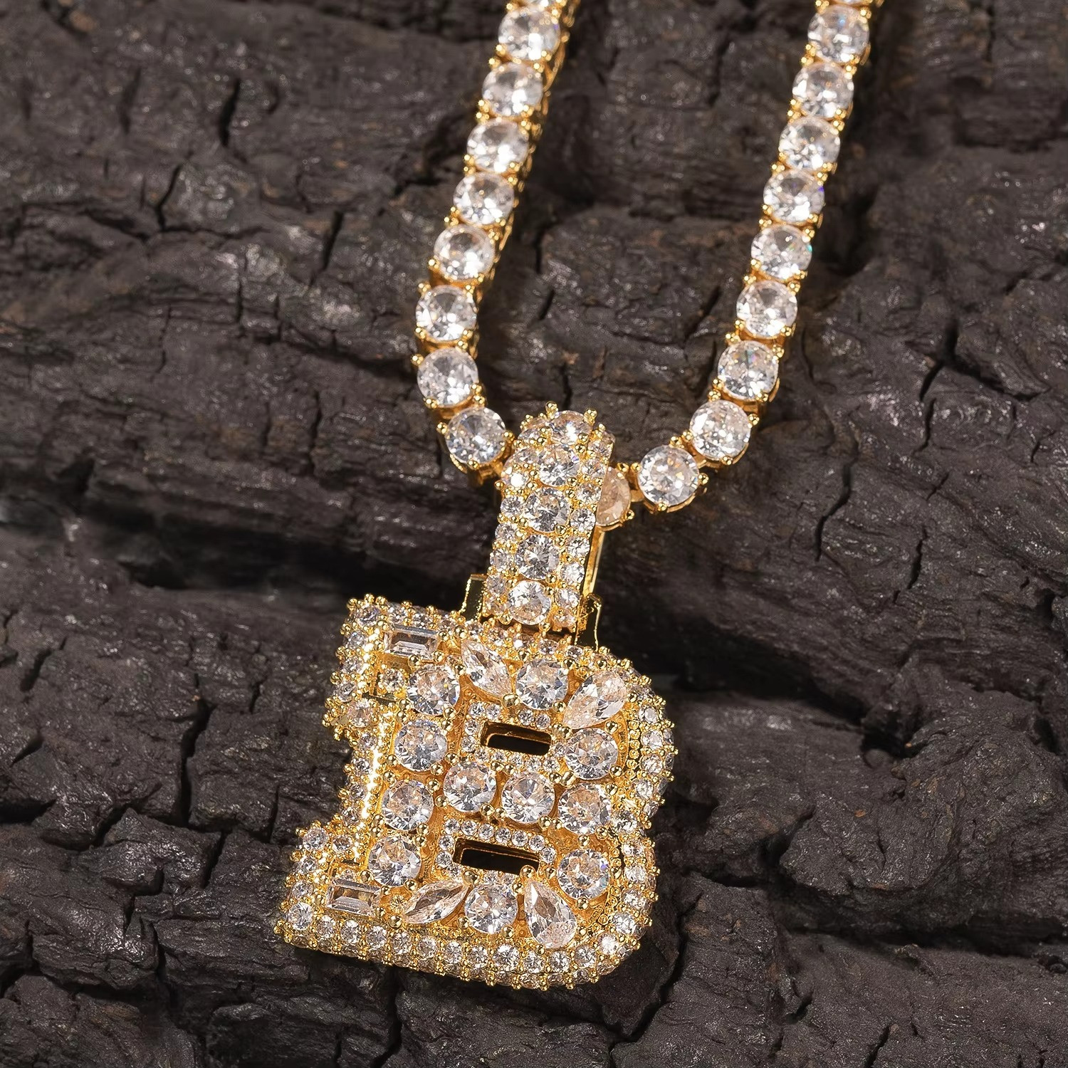 5AAA+ CZ Multicolor Ice Out Hop Hip Bling Vertical Mixed Inlay Letter Pendant