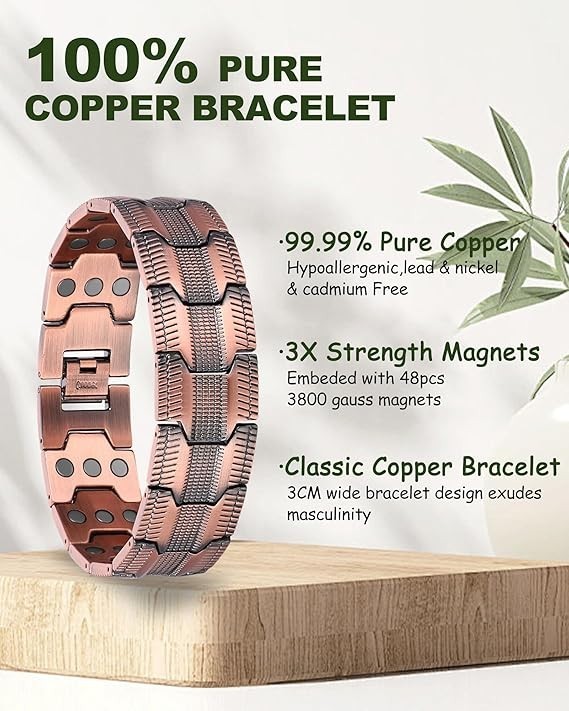 Men’s Copper Bracelet 99.99% Pure Copper Magnetic Adjustable Cuff Bangle