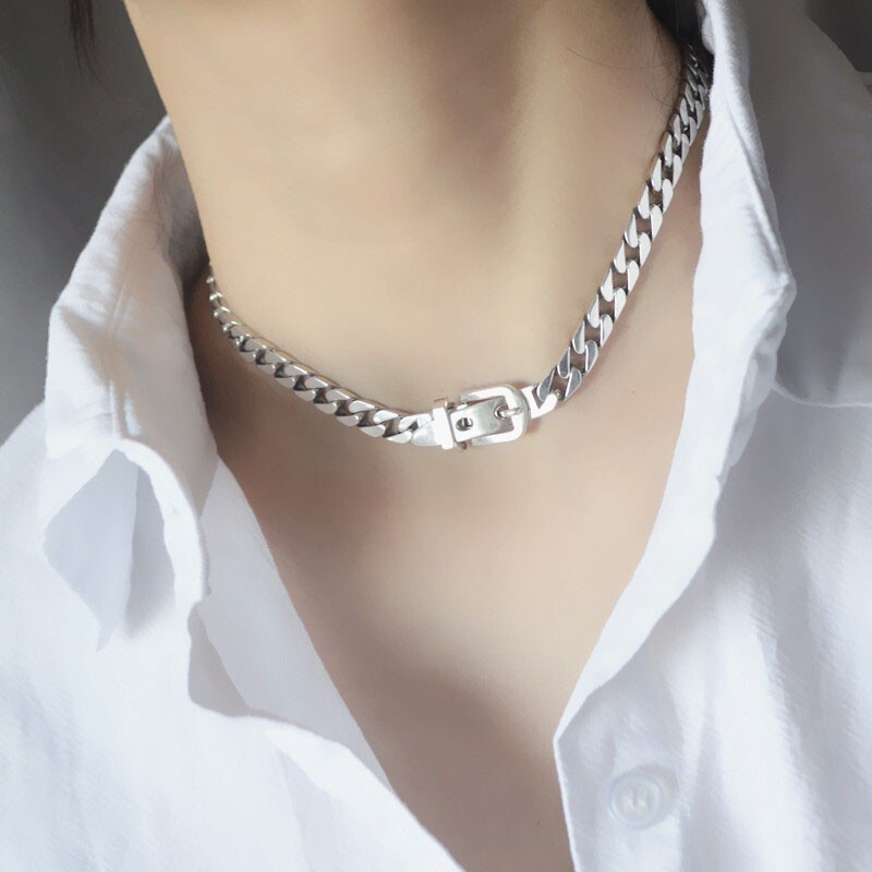 925 Sterling Silver Thick Chain Necklace 2025 Vintage Unique Belt Buckle Gift